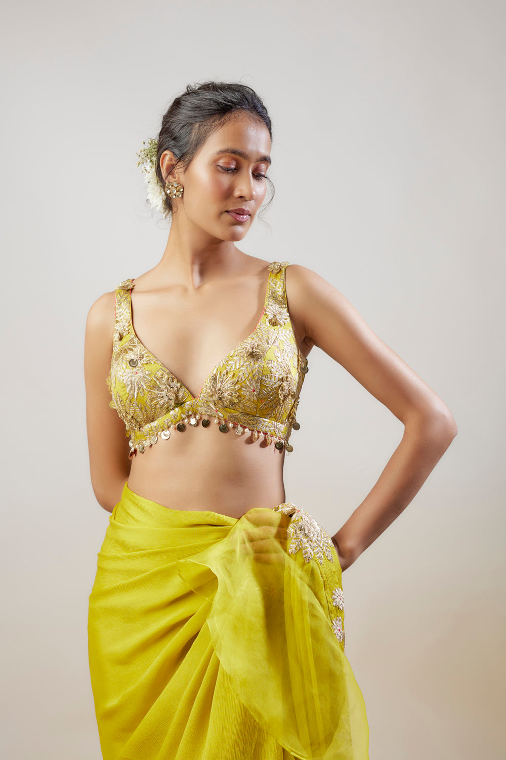 Yellow Chiffon Ruffled Saree Set