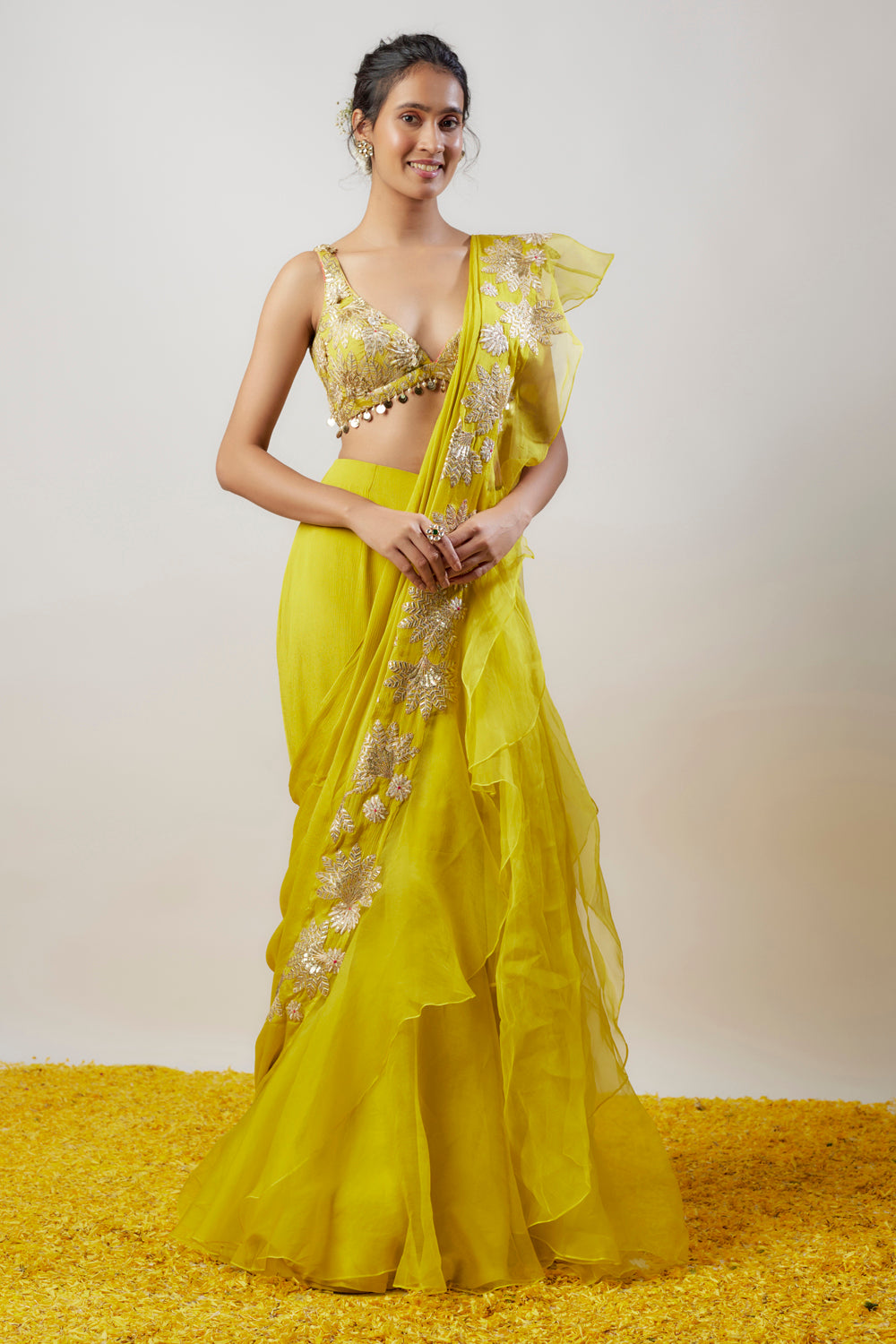 Yellow Chiffon Ruffled Saree Set