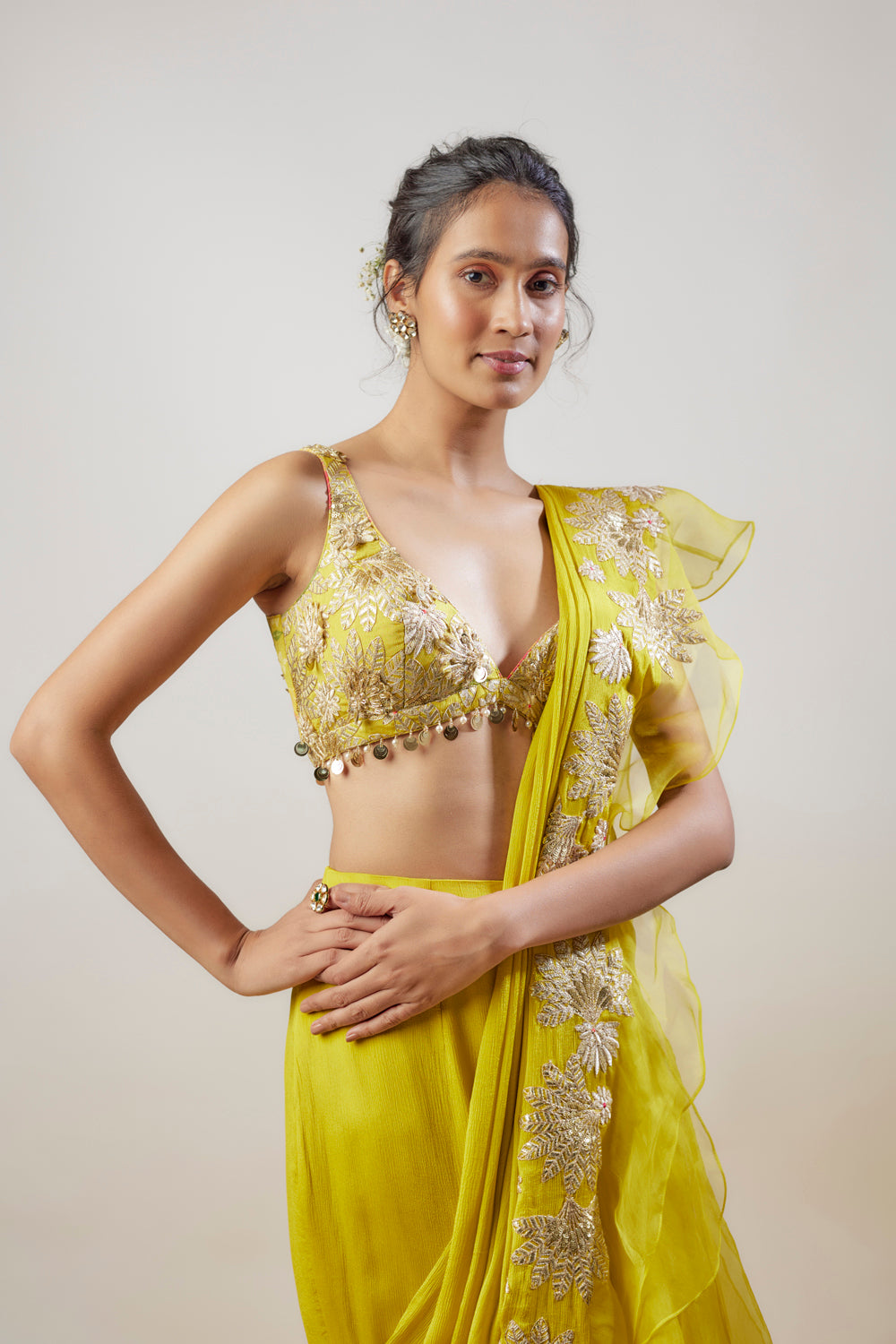 Yellow Chiffon Ruffled Saree Set