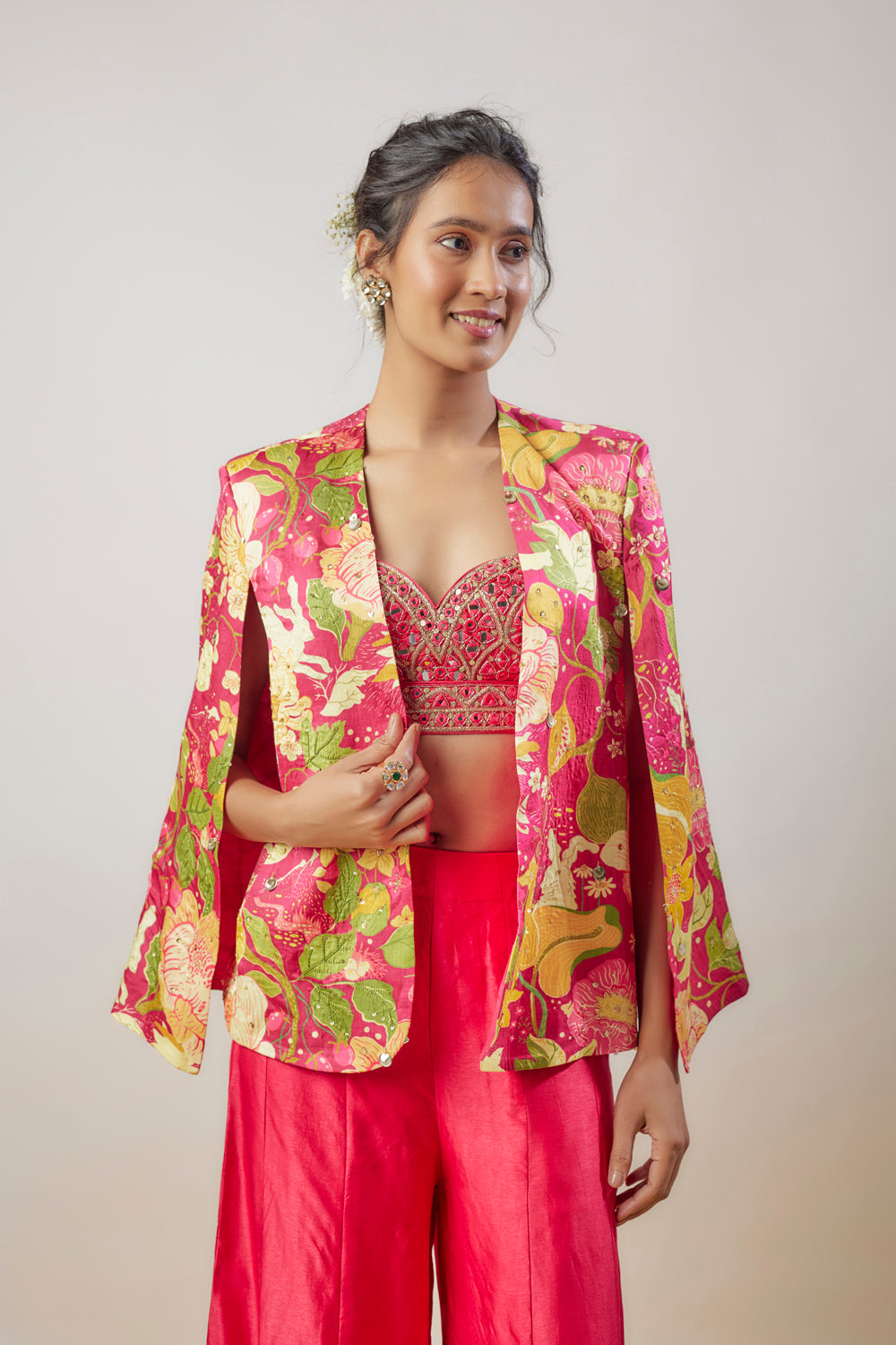 Pink Tussar Floral Printed Cape Blazer Set