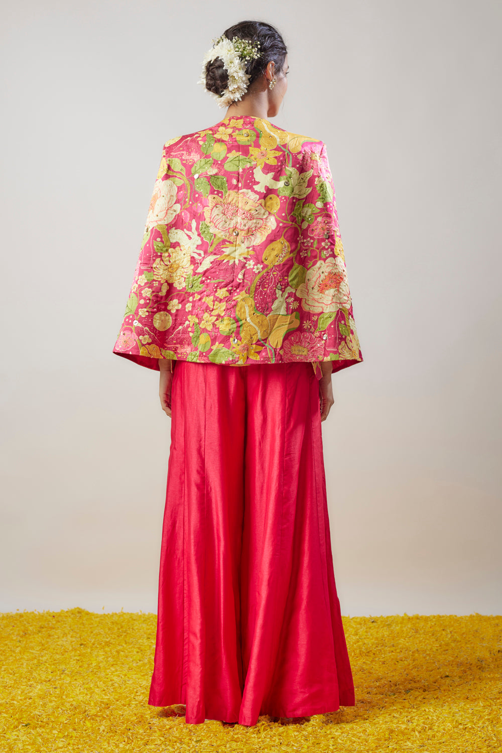 Pink Tussar Floral Printed Cape Blazer Set