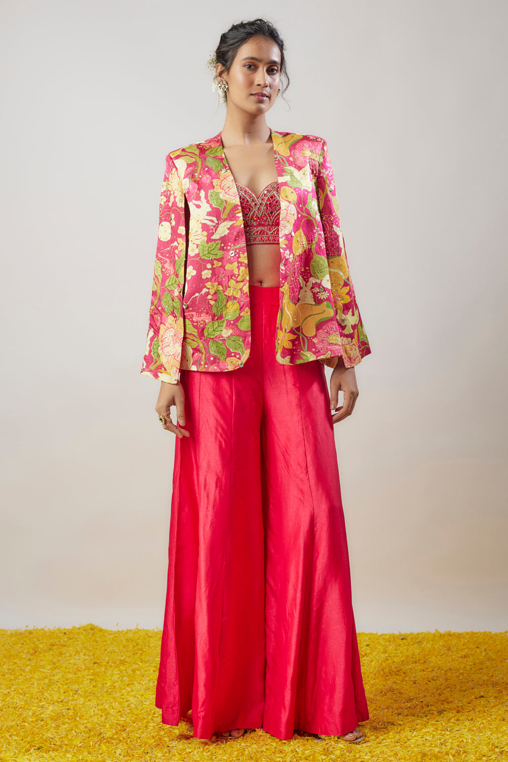 Pink Tussar Floral Printed Cape Blazer Set