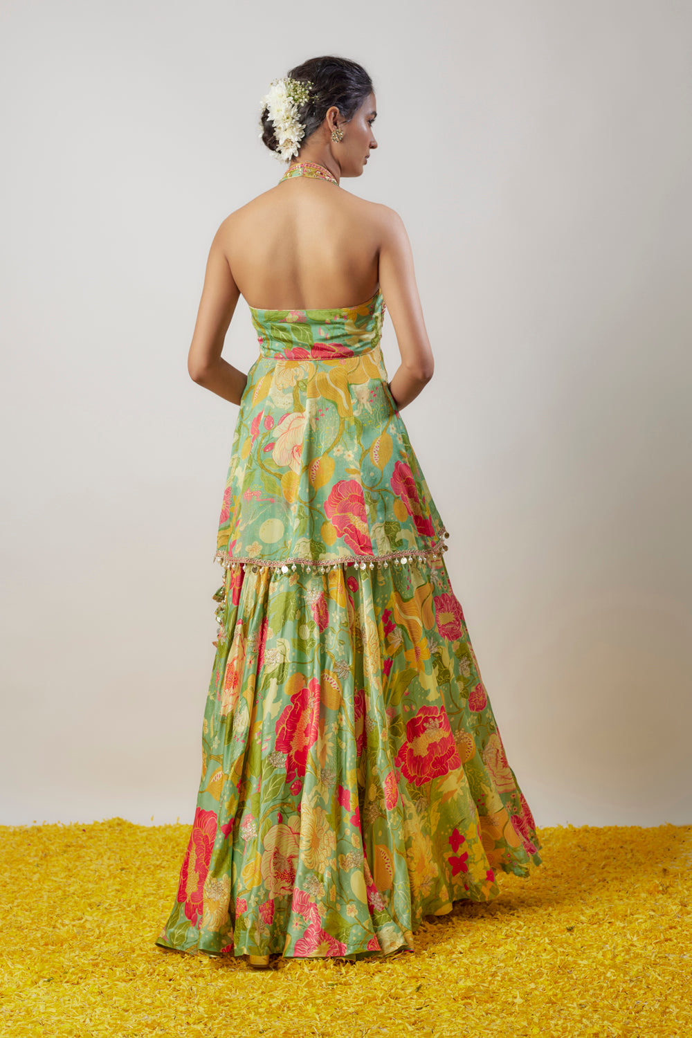 Green Satin Floral Printed Skirt Set