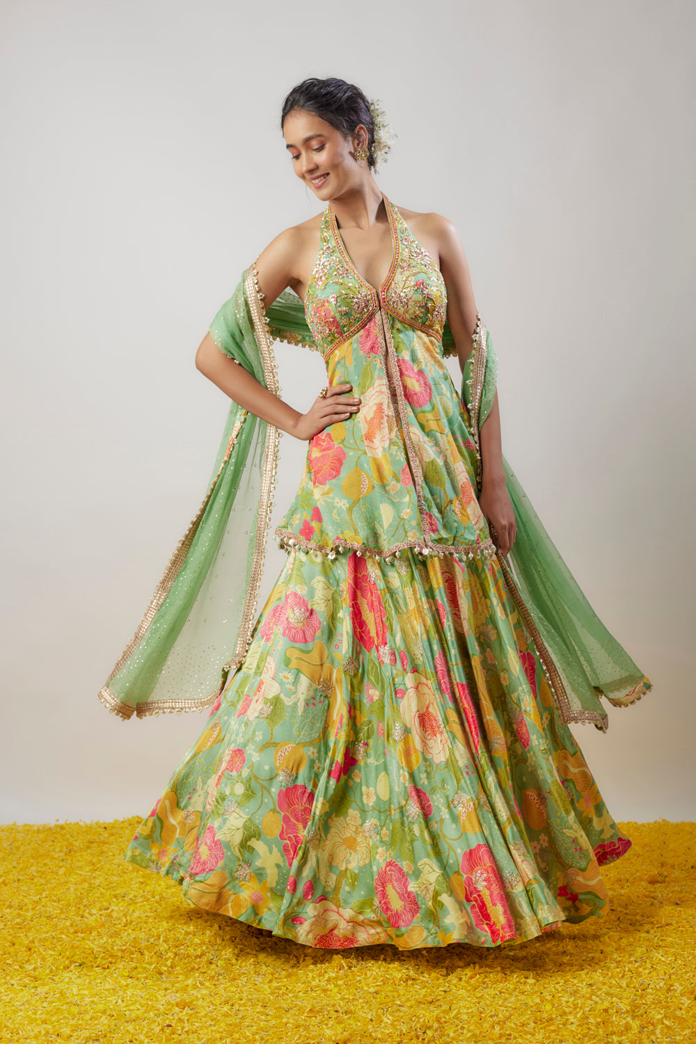 Green Satin Floral Printed Skirt Set