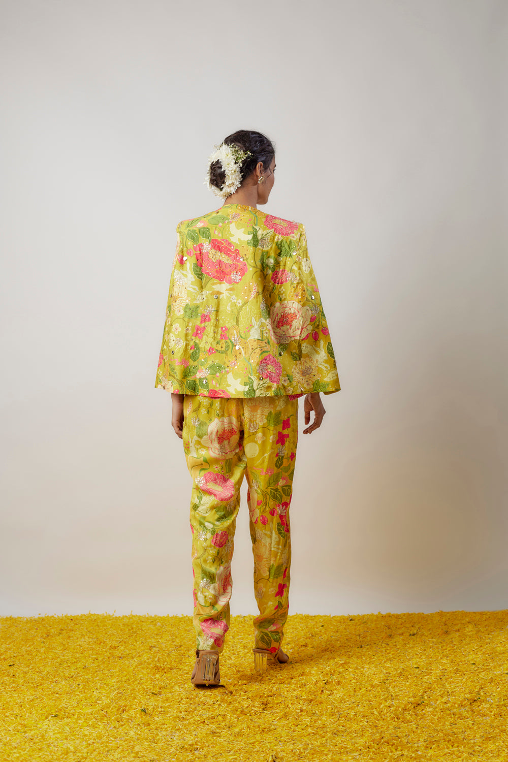 Yellow Satin Printed Jumpsuit With Blazer