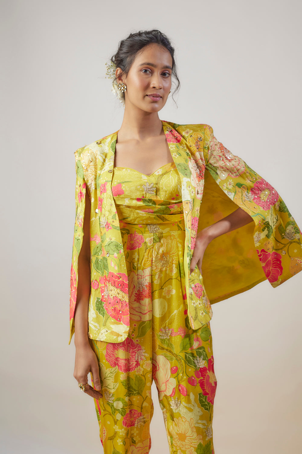 Yellow Satin Printed Jumpsuit With Blazer