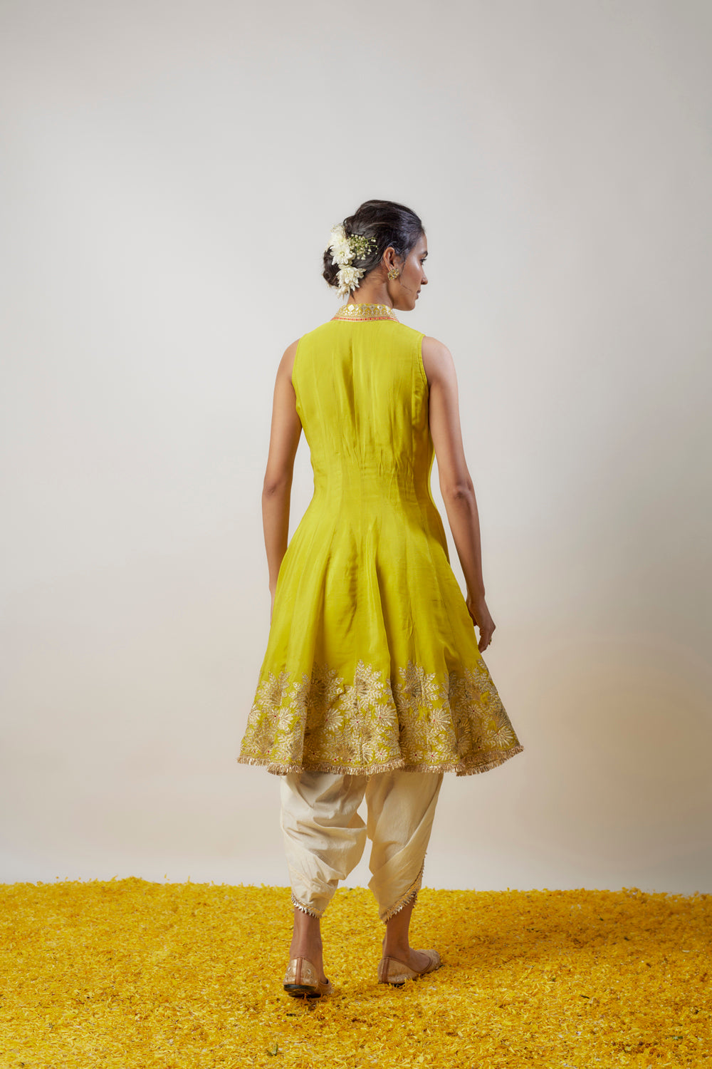 Yellow Tussar Hand & Machine Embroidered Flared Kurta Set