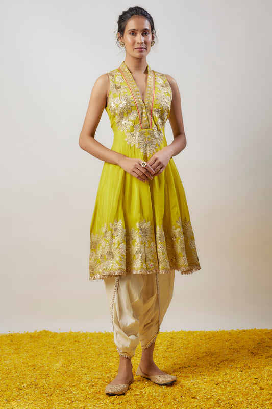 Yellow Tussar Hand & Machine Embroidered Flared Kurta Set