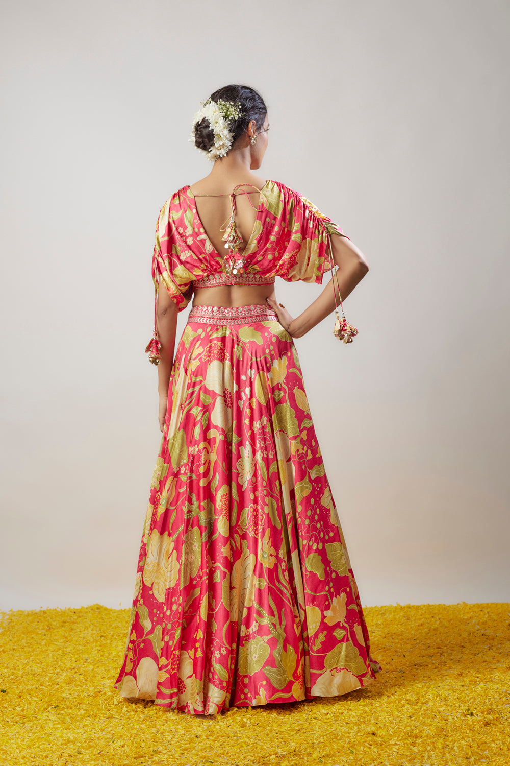 Pink Satin Floral Printed Lehenga Set