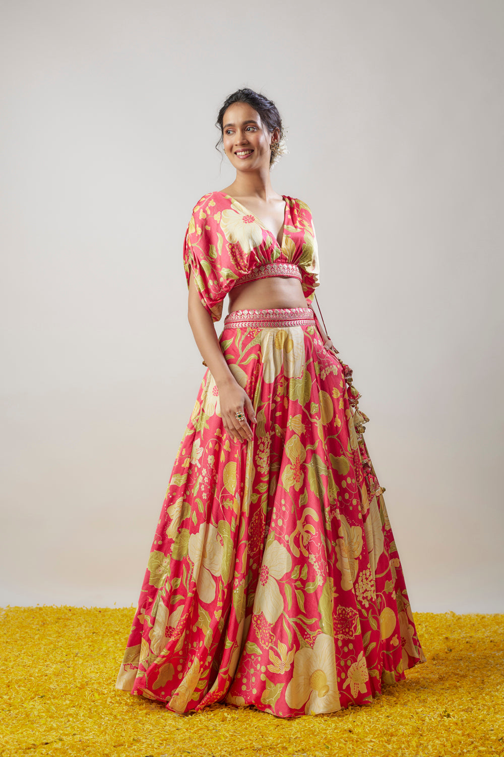 Pink Satin Floral Printed Lehenga Set