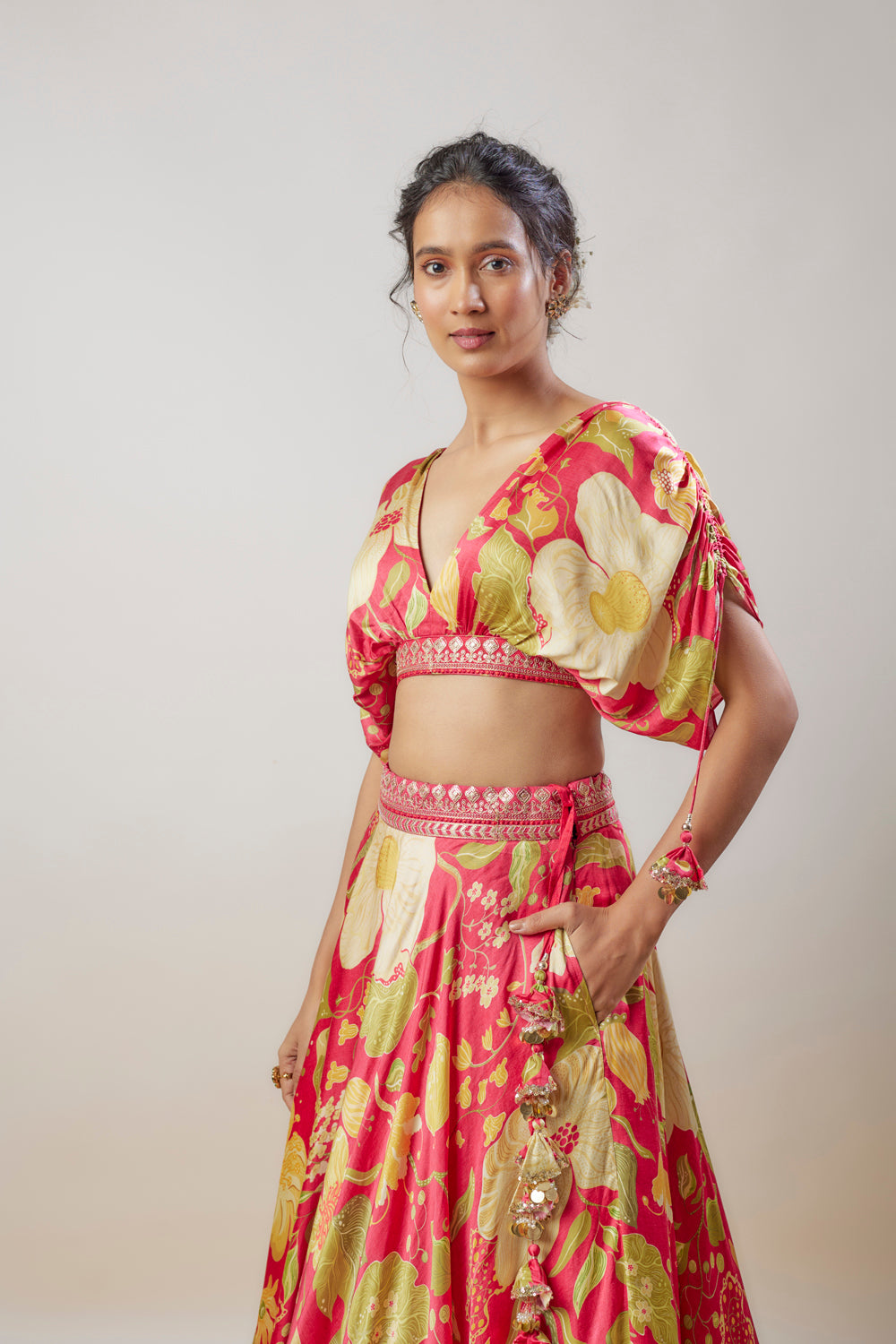 Pink Satin Floral Printed Lehenga Set