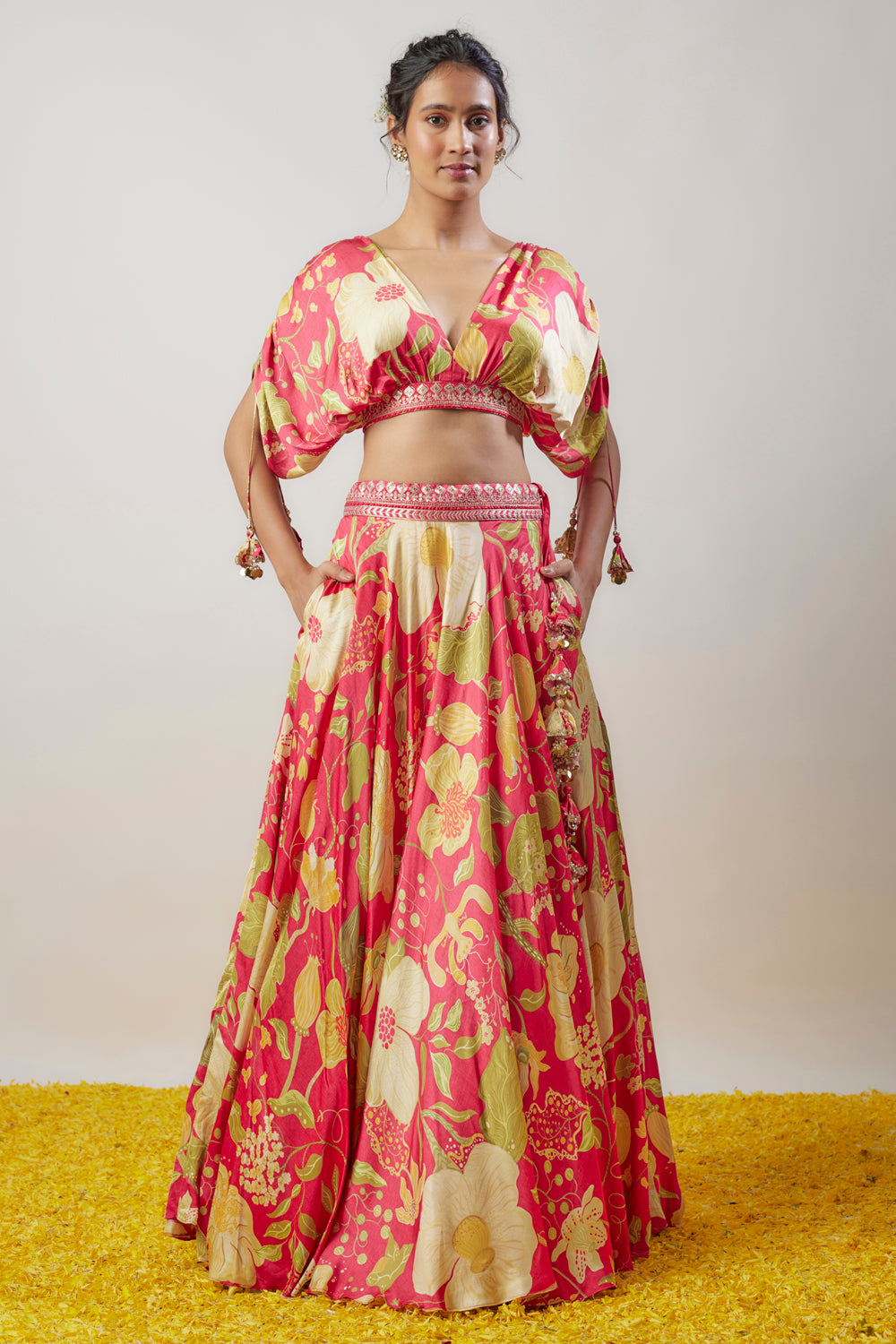 Pink Satin Floral Printed Lehenga Set