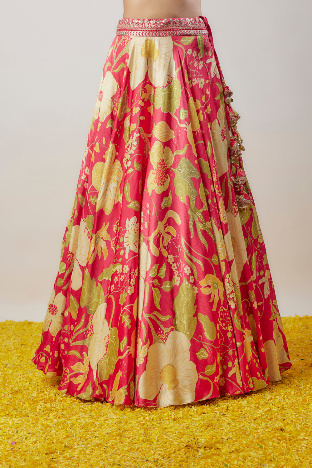 Pink Satin Floral Printed Lehenga Set