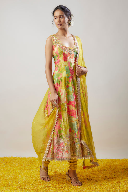 Multi-Colored Chiffon Floral Printed & Embroidered Anarkali Set