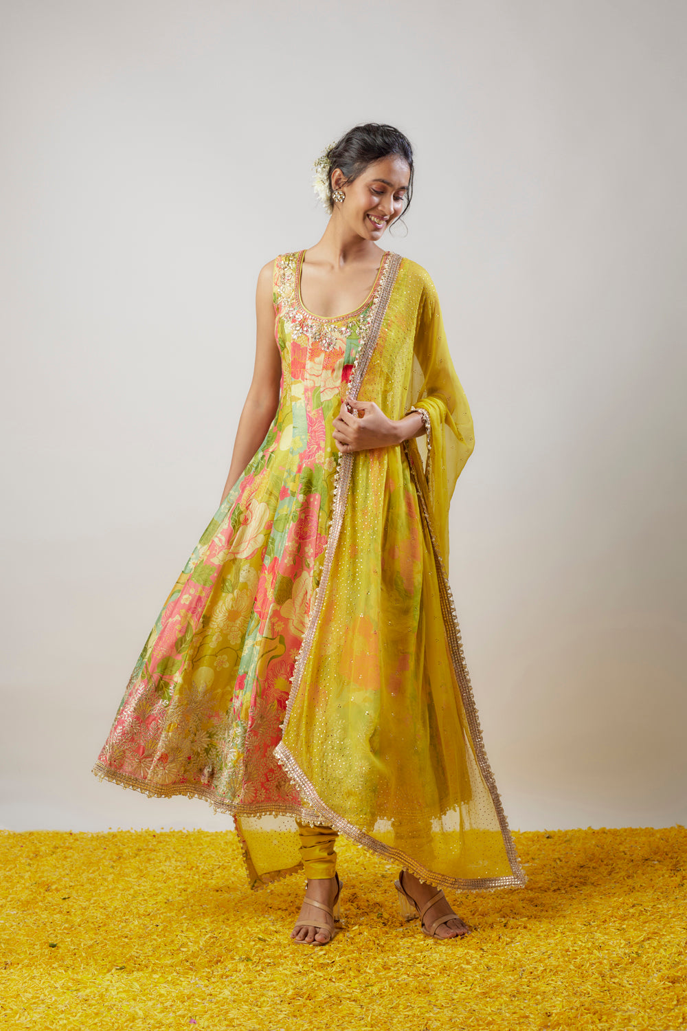 Multi-Colored Chiffon Floral Printed & Embroidered Anarkali Set