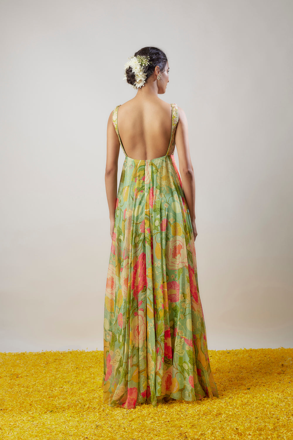 Green Organza Floral Printed & Embroidered Gown