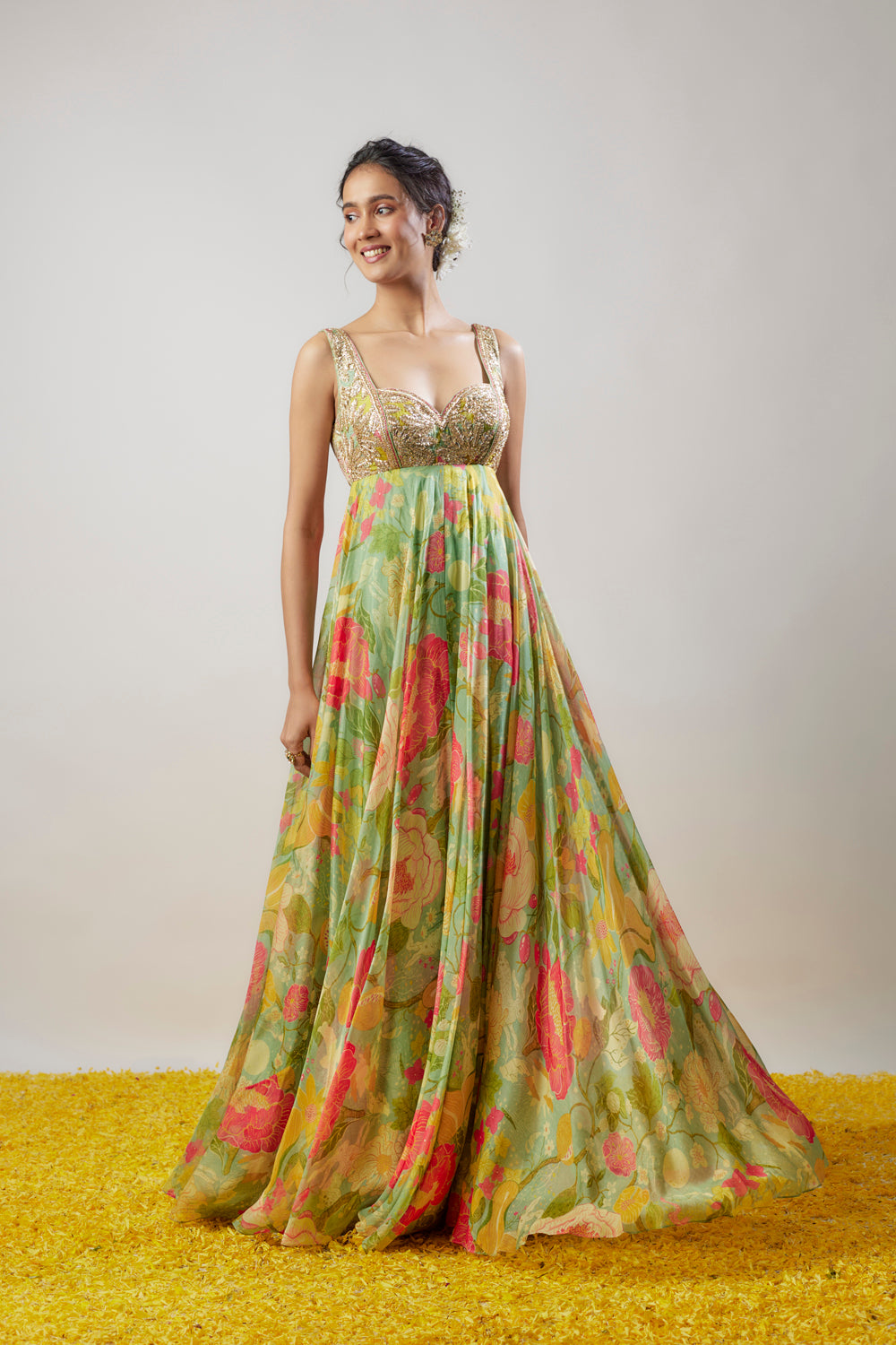 Green Organza Floral Printed & Embroidered Gown