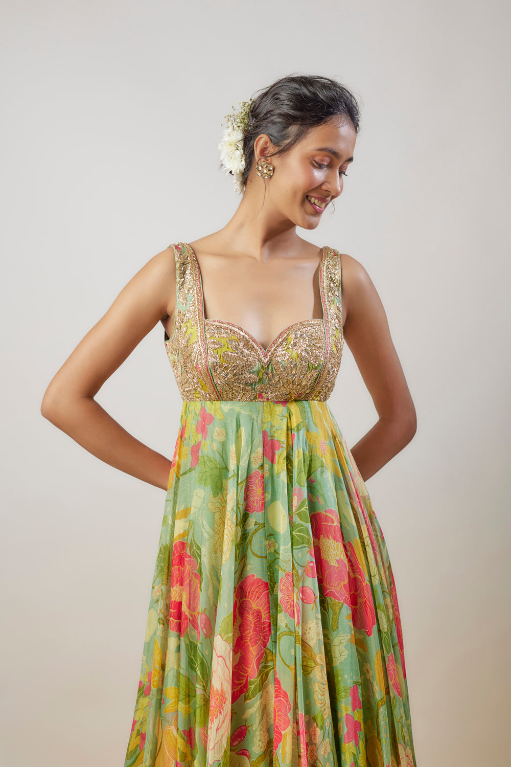 Green Organza Floral Printed & Embroidered Gown