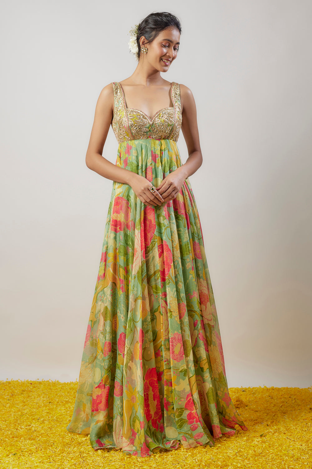 Green Organza Floral Printed & Embroidered Gown