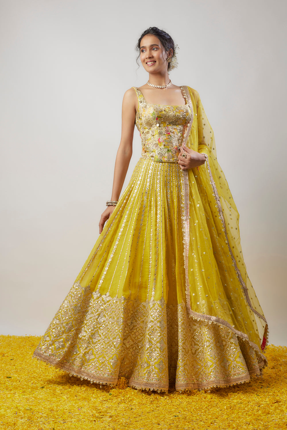 Yellow Tussar Hand & Machine Embellished Lehenga Set