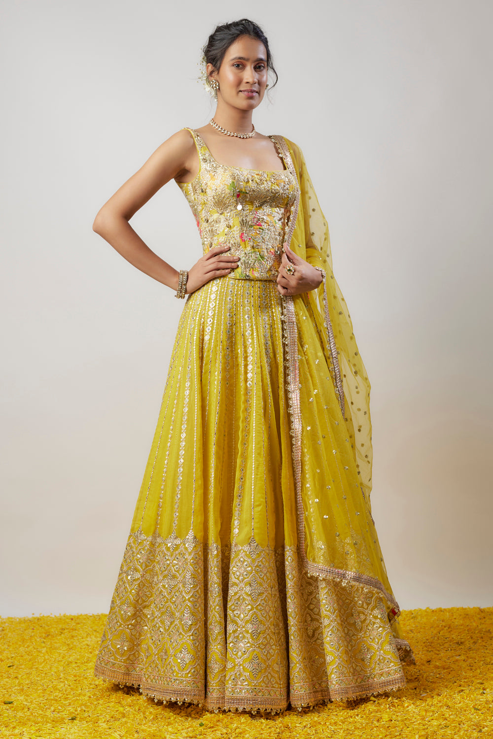 Yellow Tussar Hand & Machine Embellished Lehenga Set