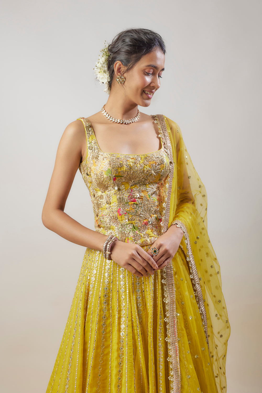 Yellow Tussar Hand & Machine Embellished Lehenga Set