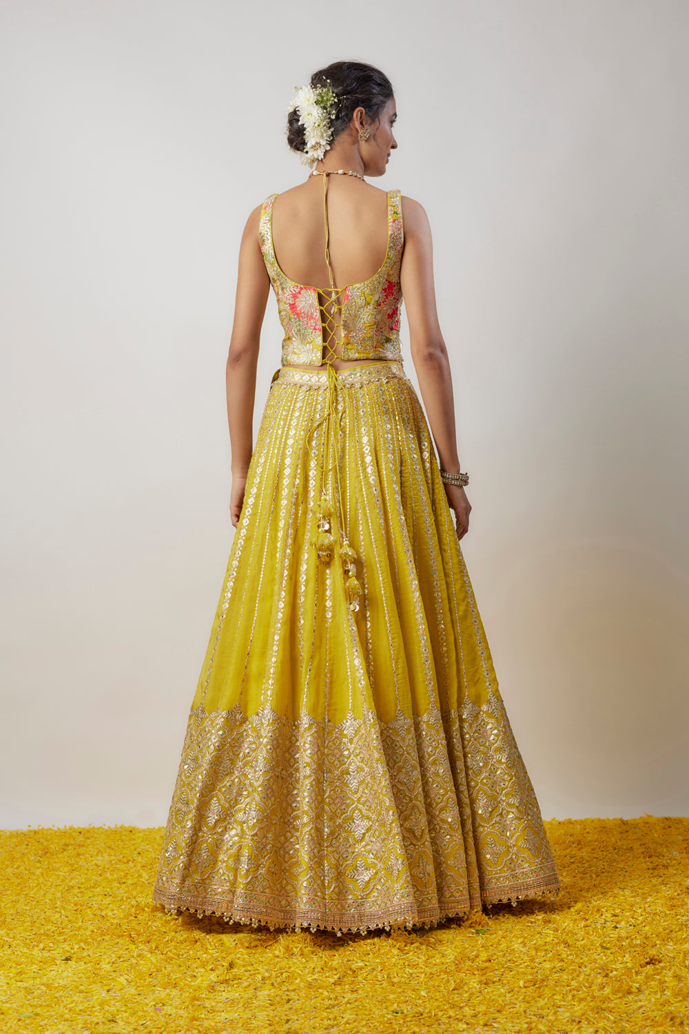 Yellow Tussar Hand & Machine Embellished Lehenga Set