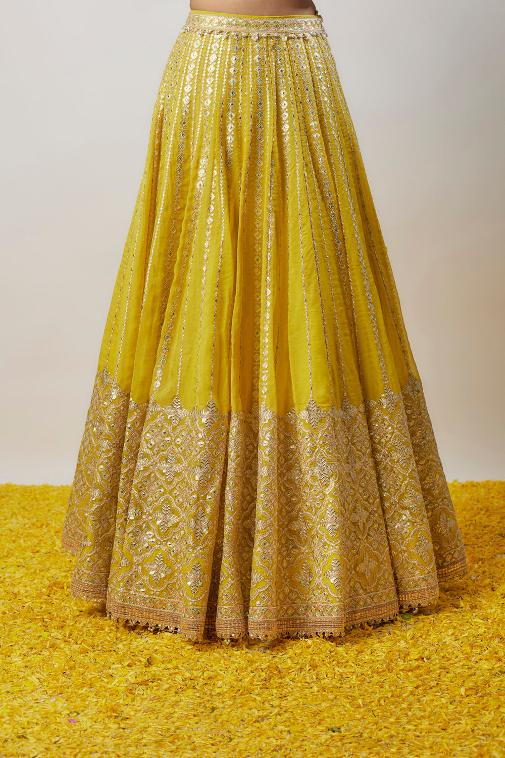 Yellow Tussar Hand & Machine Embellished Lehenga Set