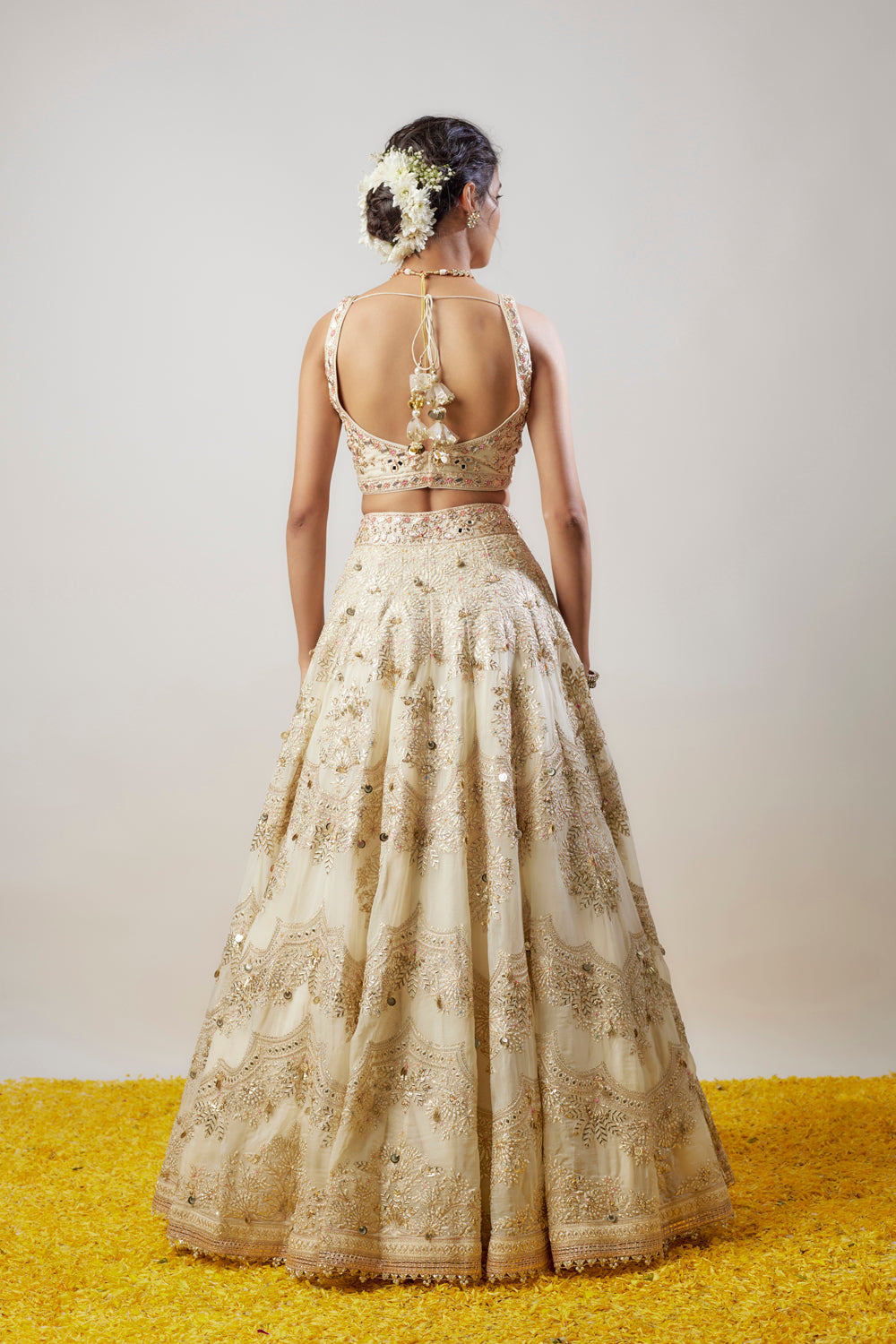 Ivory Tussar Hand & Machine Embellished Lehenga Set