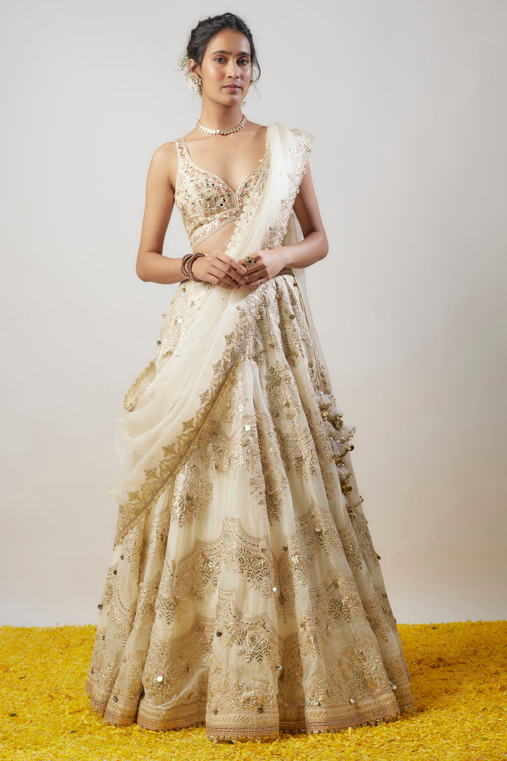 Ivory Tussar Hand & Machine Embellished Lehenga Set