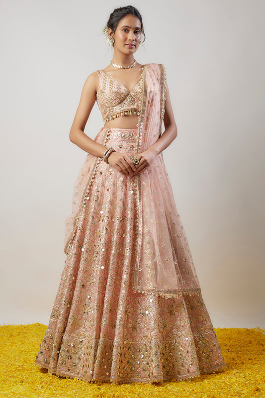 Pink Organza Hand & Machine Embellished Lehenga Set