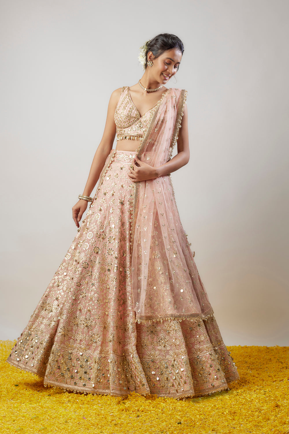 Pink Organza Hand & Machine Embellished Lehenga Set