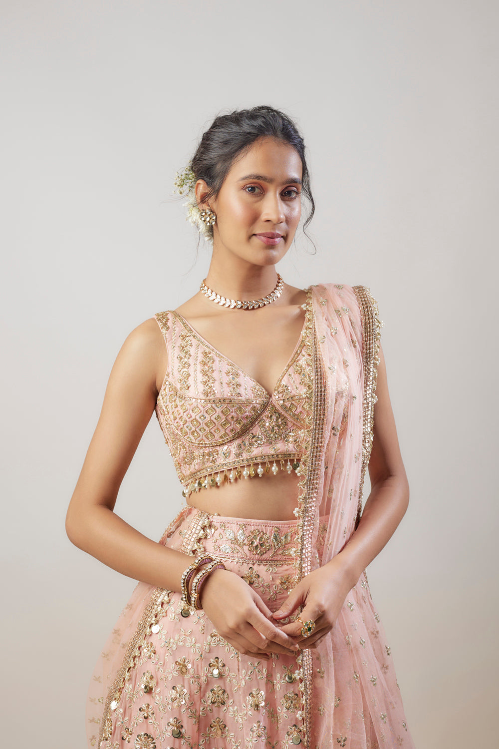 Pink Organza Hand & Machine Embellished Lehenga Set