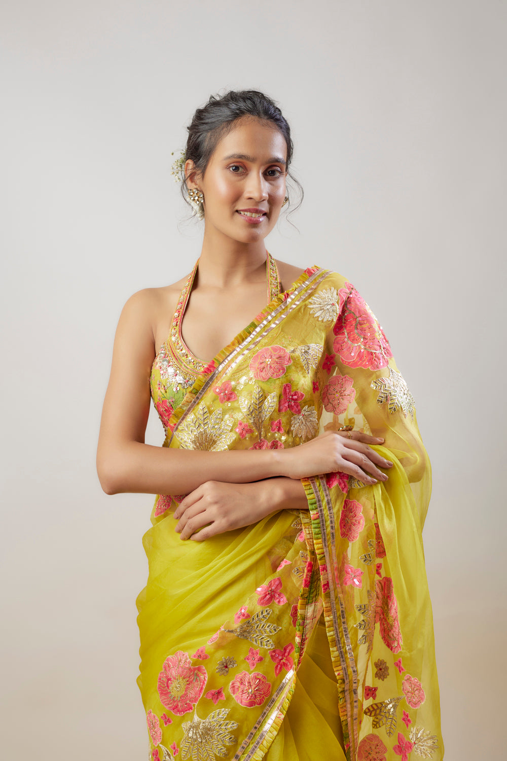 Yellow Organza Hand & Machine Embroidered Saree Set