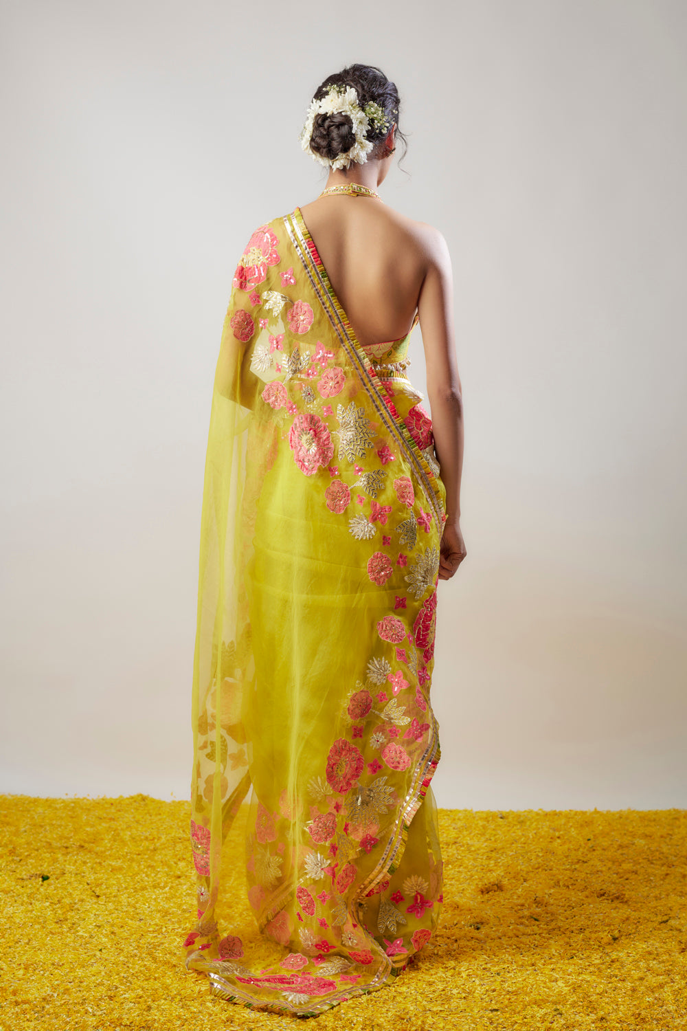 Yellow Organza Hand & Machine Embroidered Saree Set