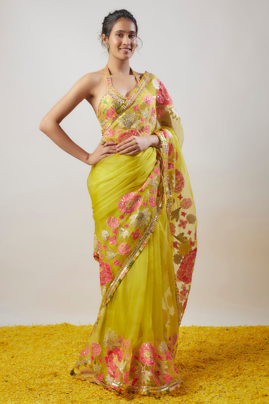 Yellow Organza Hand & Machine Embroidered Saree Set