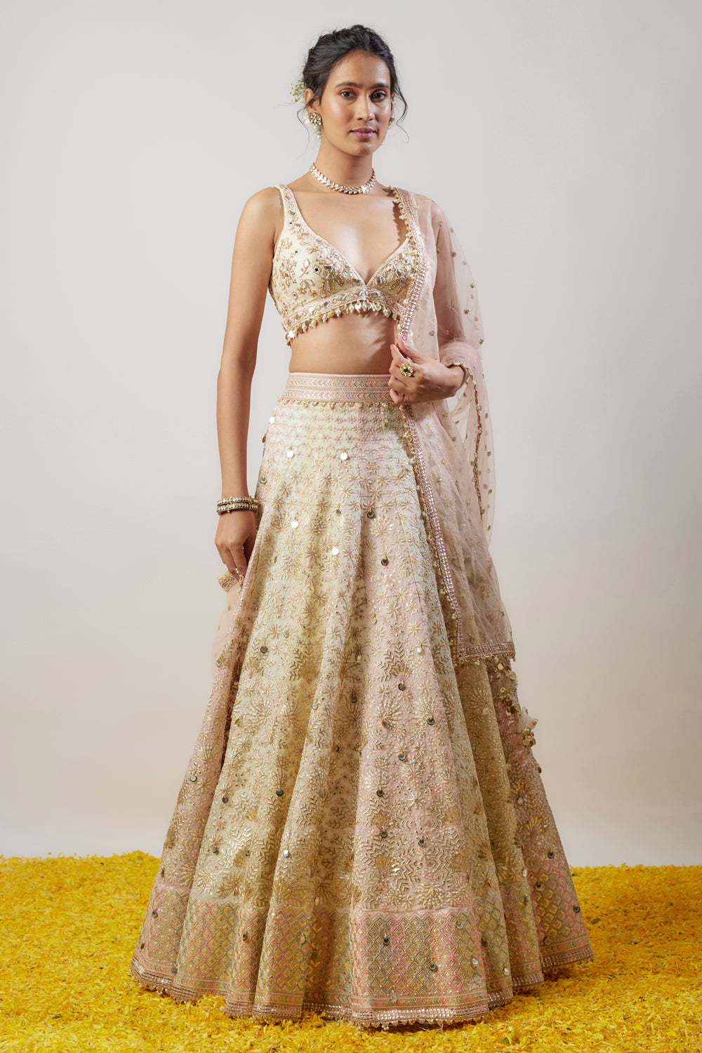 Ivory Tussar Hand & Machine Embellished Lehenga Set