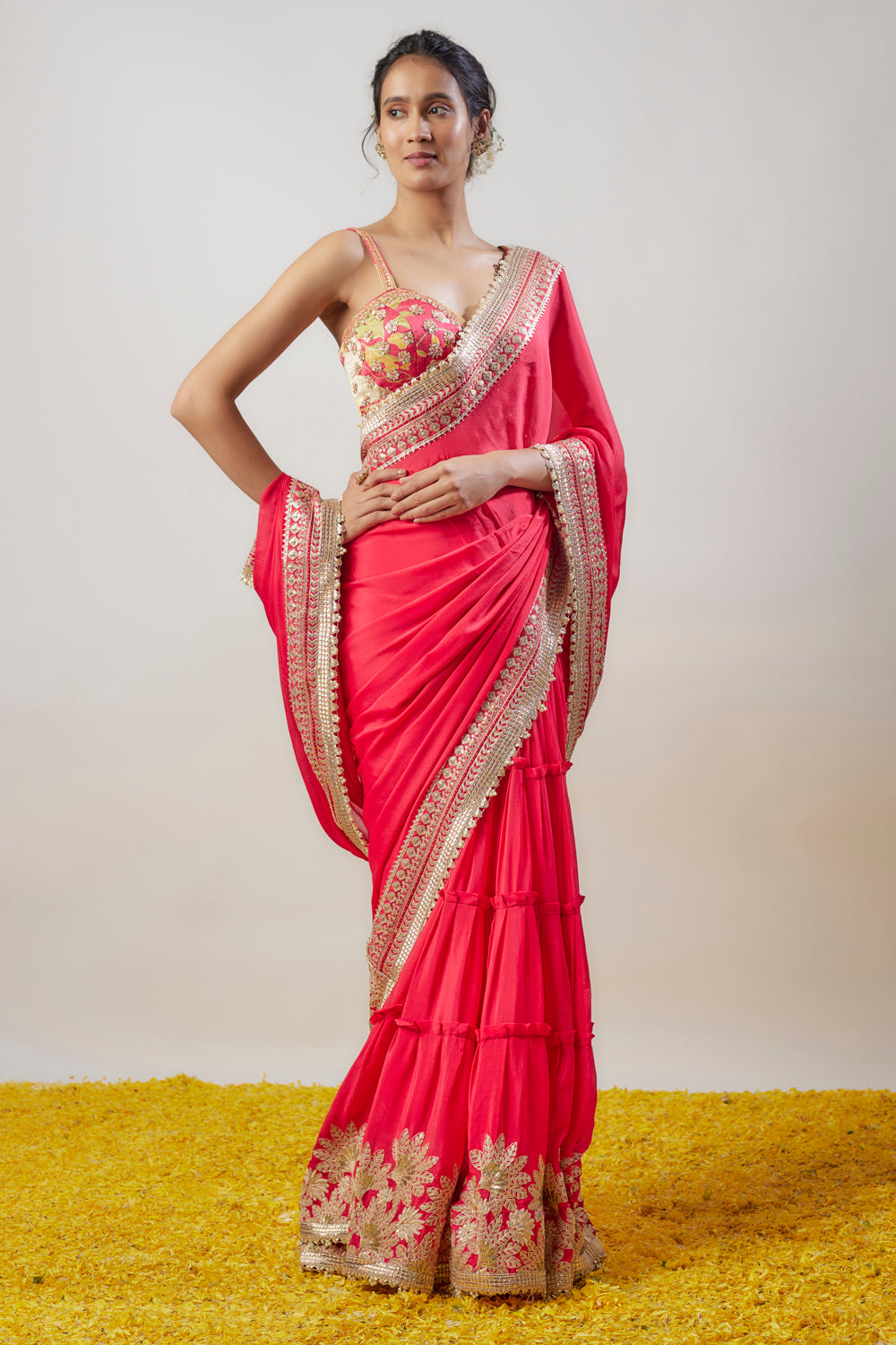 Pink Chiffon Hand & Machine Embroidered Pre-Pleated Saree Set