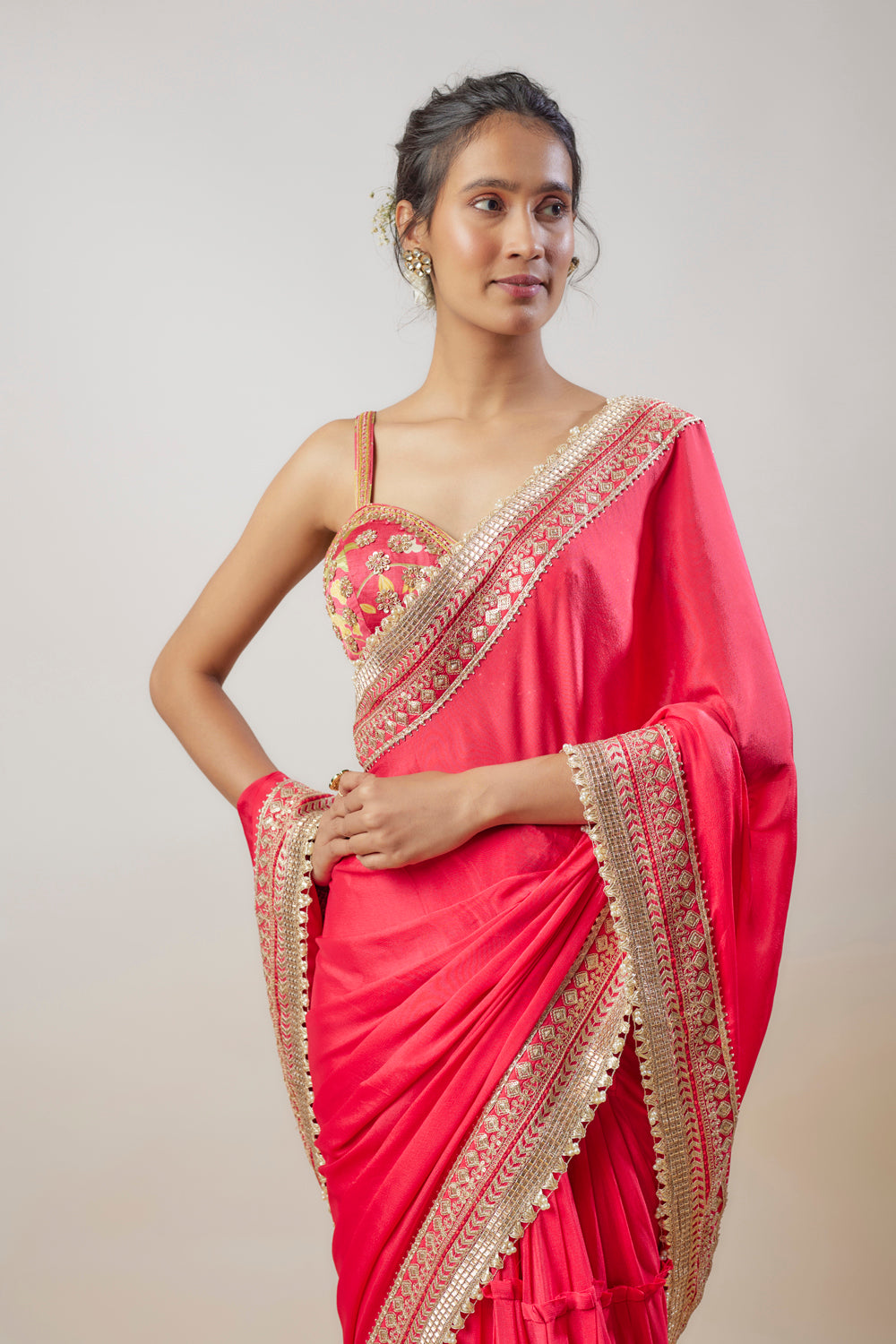 Pink Chiffon Hand & Machine Embroidered Pre-Pleated Saree Set