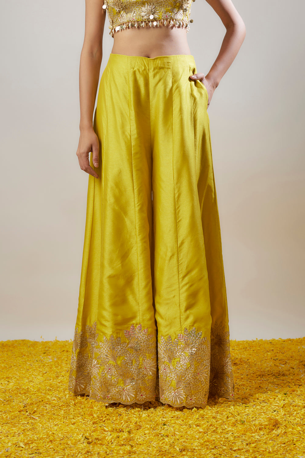 Yellow Tussar Floral Printed Long Cape Set