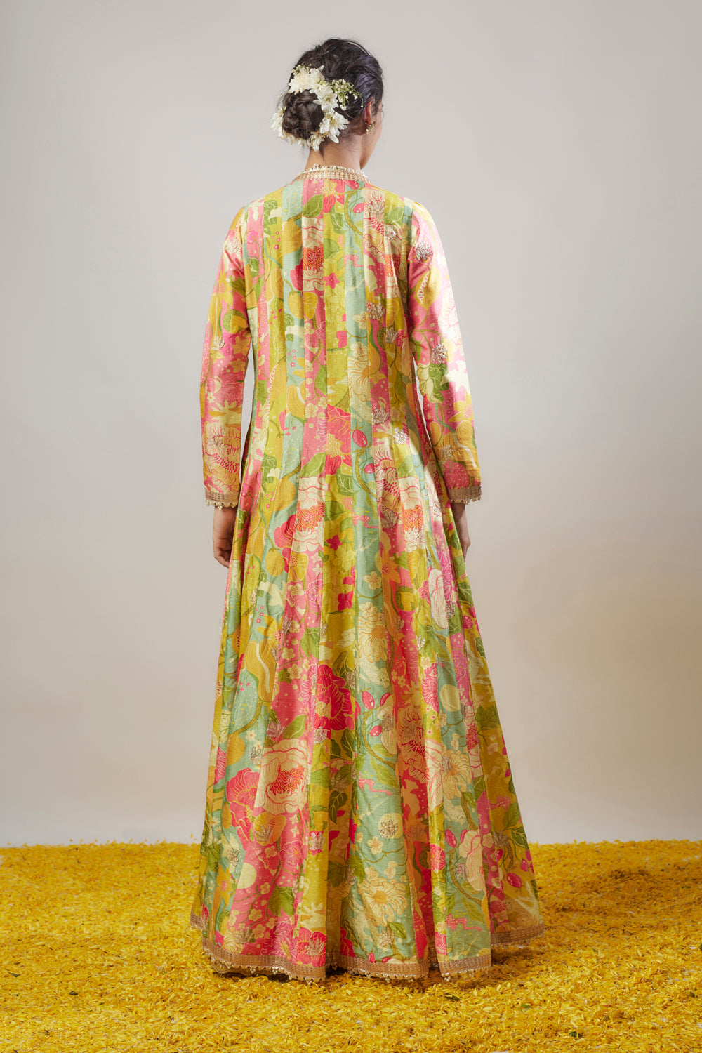 Yellow Tussar Floral Printed Long Cape Set