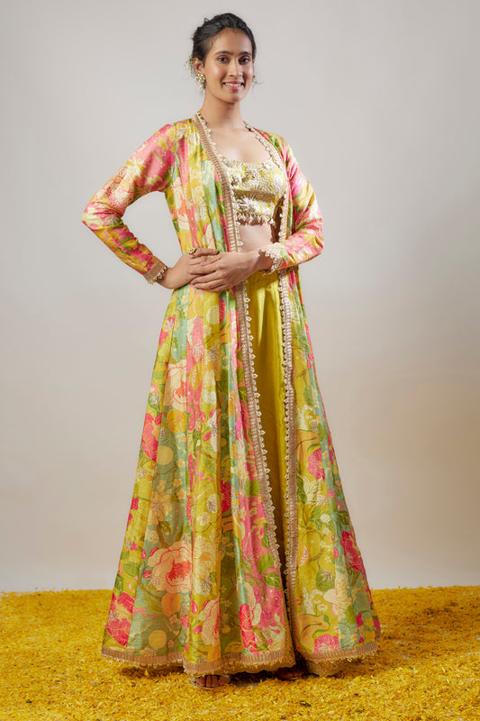 Yellow Tussar Floral Printed Long Cape Set