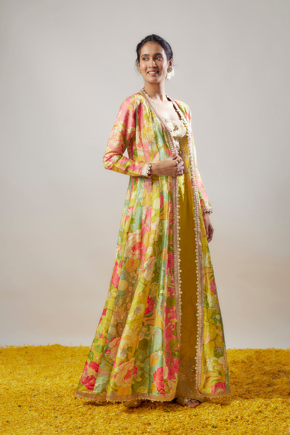 Yellow Tussar Floral Printed Long Cape Set