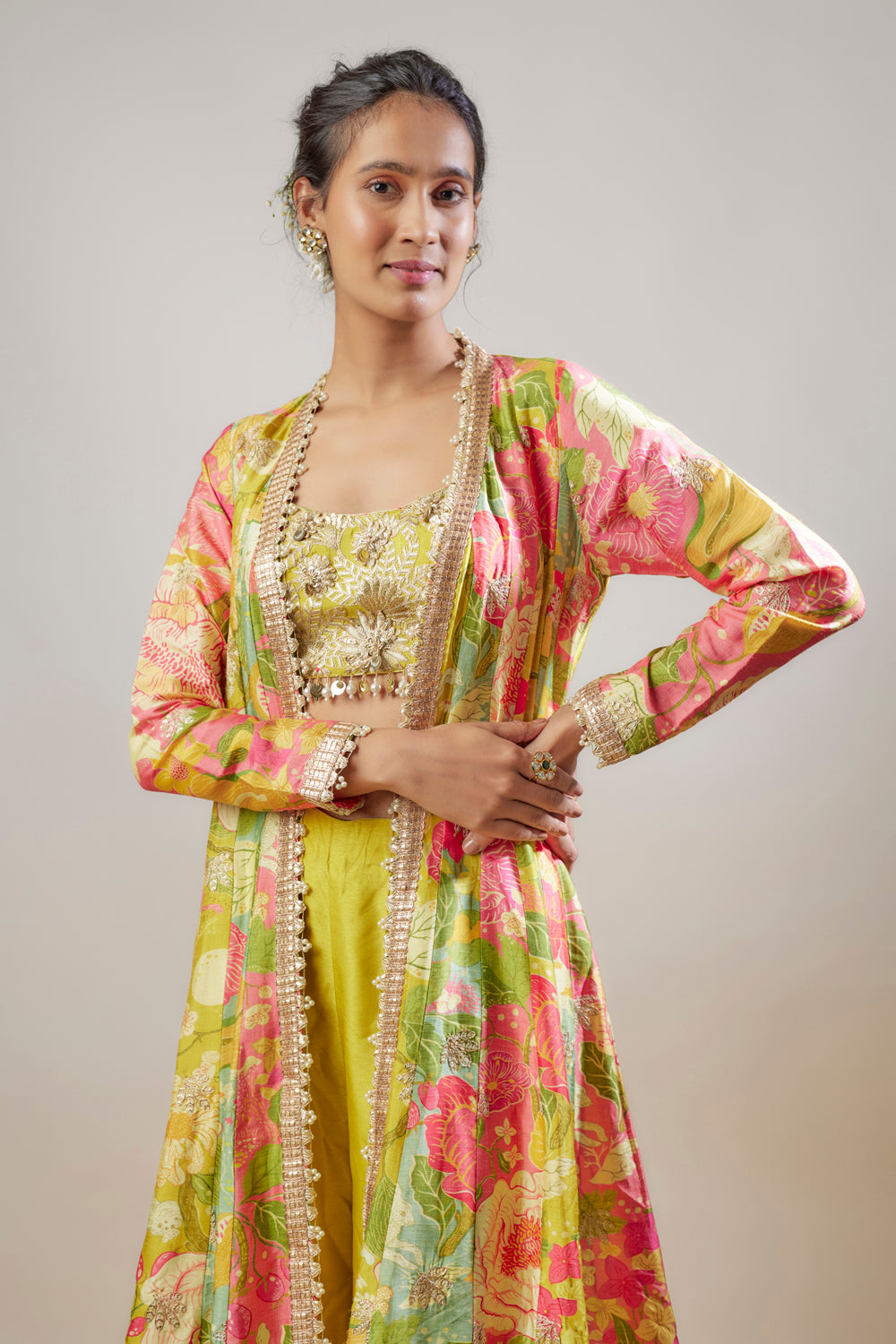 Yellow Tussar Floral Printed Long Cape Set