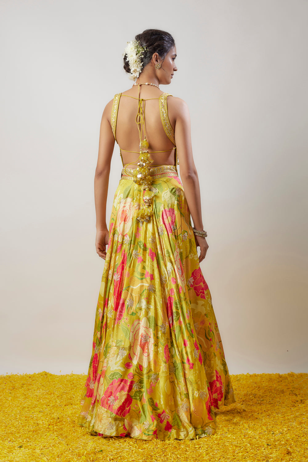 Yellow Satin Floral Printed Lehenga Set