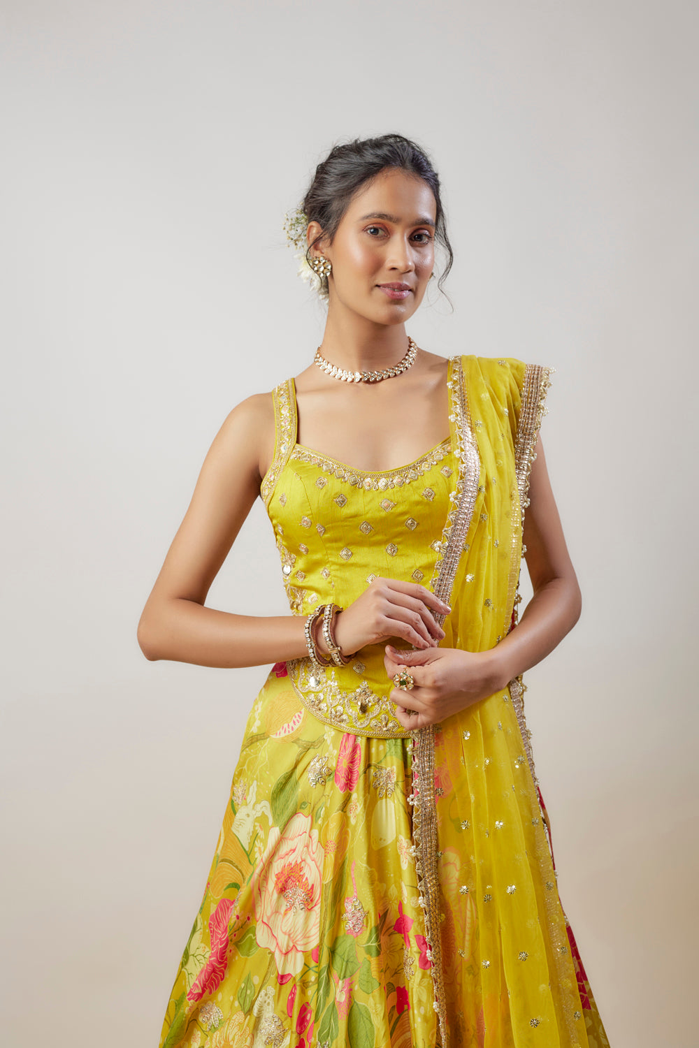 Yellow Satin Floral Printed Lehenga Set