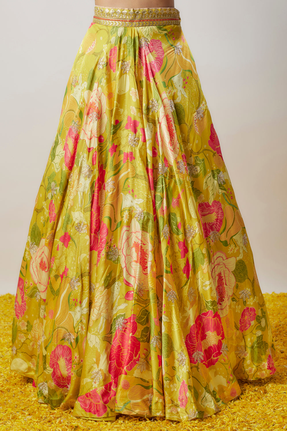 Yellow Satin Floral Printed Lehenga Set