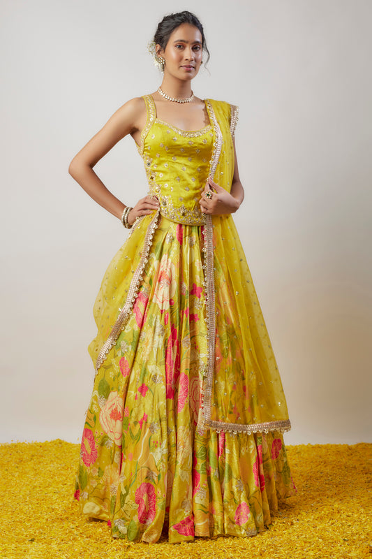 Yellow Satin Floral Printed Lehenga Set