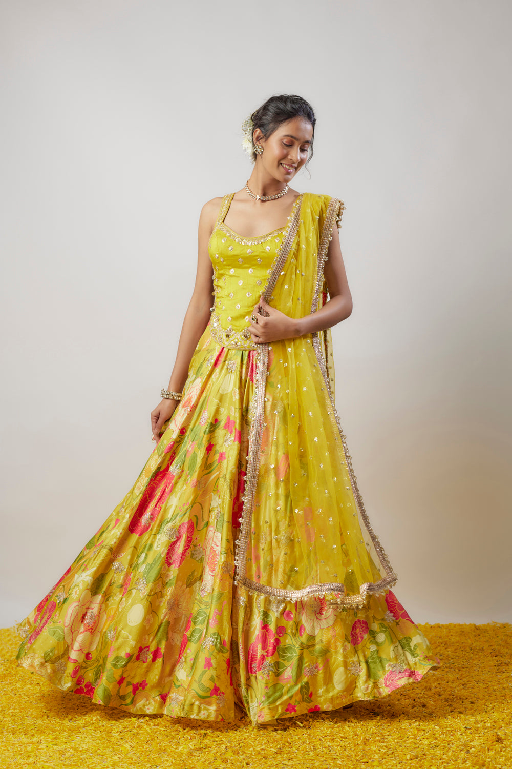 Yellow Satin Floral Printed Lehenga Set