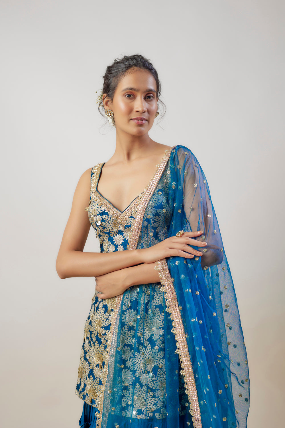 Blue Chiffon Gathered Sharara Set